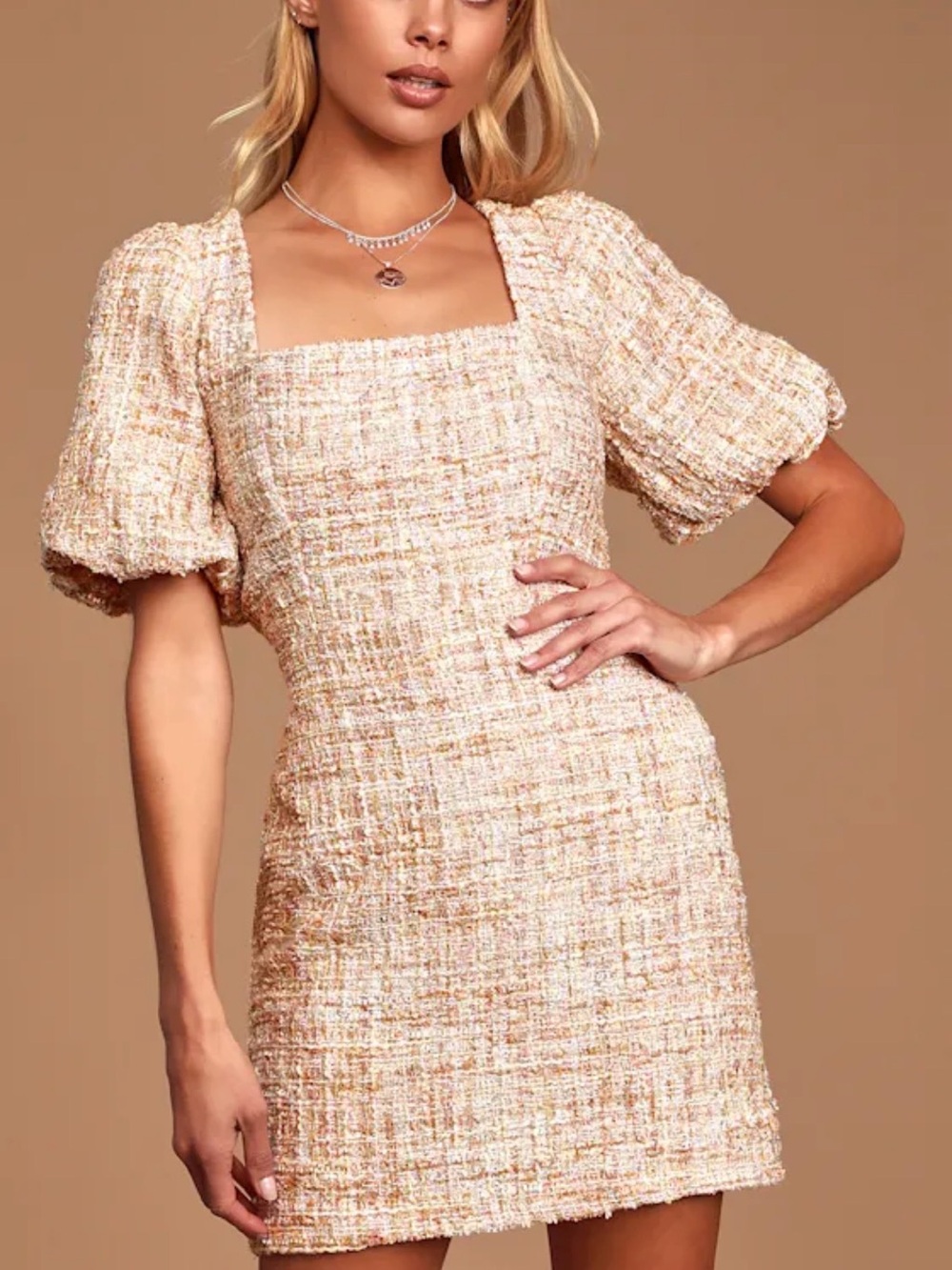 Lulus Textured Square-Neck Tweed Dress in Blush 🫶🏻